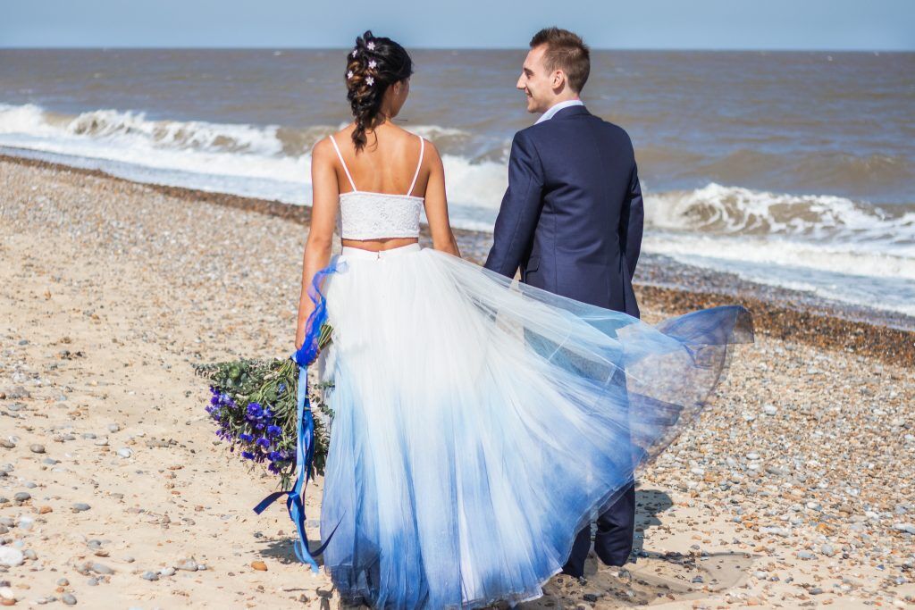 blue beach wedding dress Tulle For Brides with Lace Top DressesTailor Ethereal sky blue wedding dress Colored Wedding Dress Short Sleeves